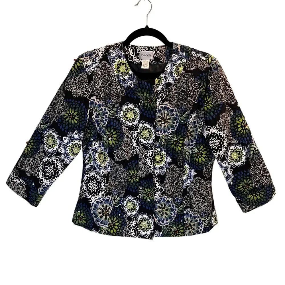 Chico's Black Floral Button Front Jackets Size Small Sequins Beaded Cotton - Picture 1 of 11